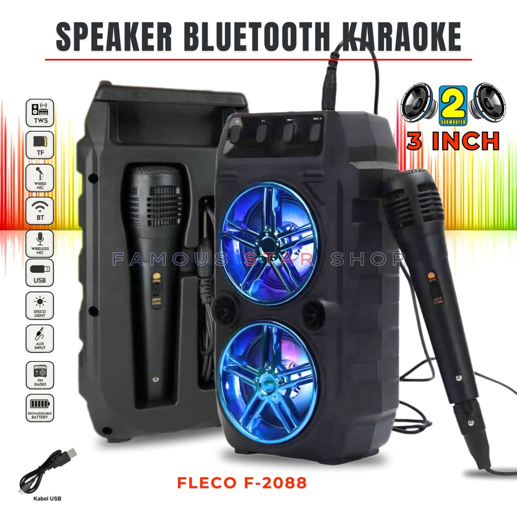 BONUS MIC KABEL Speaker Bluetooth Full Bass Karaoke FLECO F-2088 Fitur USB - TF Memory - Aux in - Ka