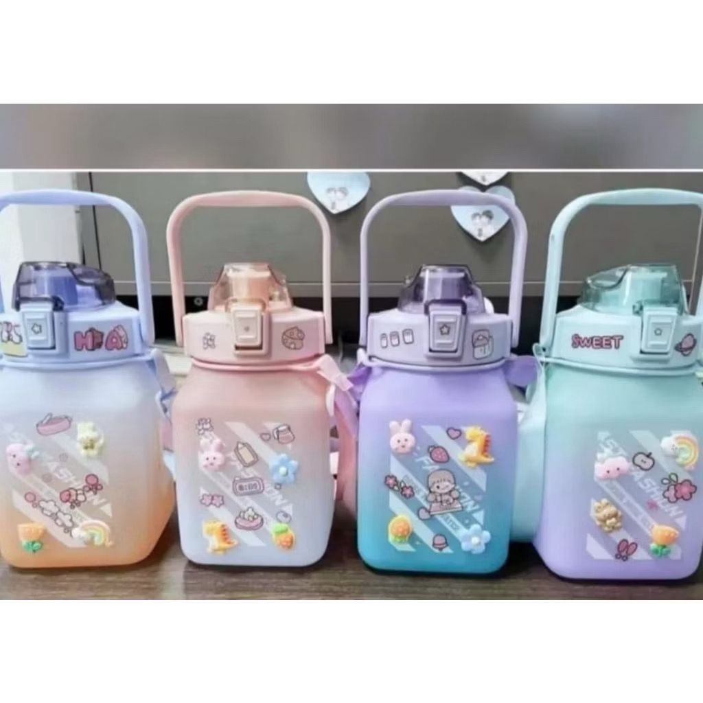 Botol Minum ViraL Gemoy Kotak 1500ML Free Stiker 2D 3D-Thumbler Olahraga Kekinian Rainbow Food Grade