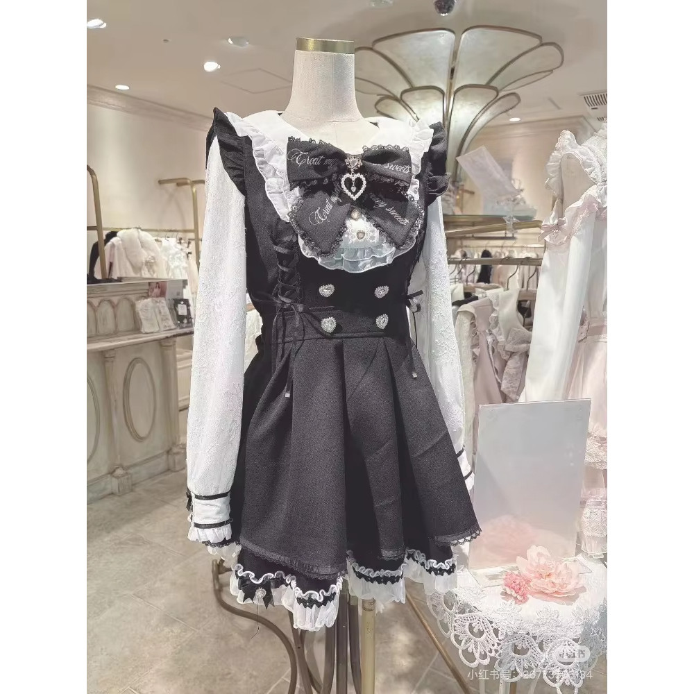 Japanese Y2 Aesthetics Vintage Bow Dress Shorts Set Women Gothic Lolita Style Long Sleeve Shirt Dres