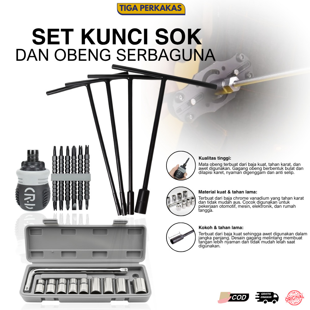 PAKET BENGKEL MURAH — KUNCI SHOCK 10IN1 + KUNCI T 4PCS 8-14 + OBENG CEBOL SET MULTIFUNGSI SERBAGUNA