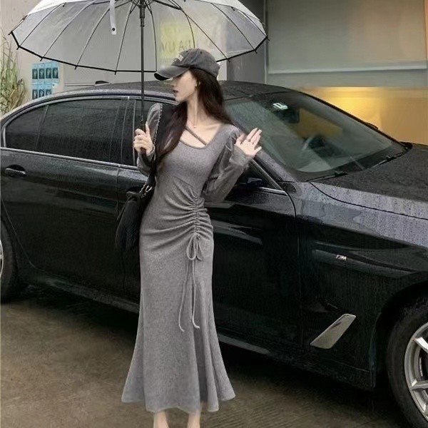 STORELABASS G009-Gaun Wanita Basic Knit Slim Long Sleeve Dress lebaran dress  serut  samping   panja