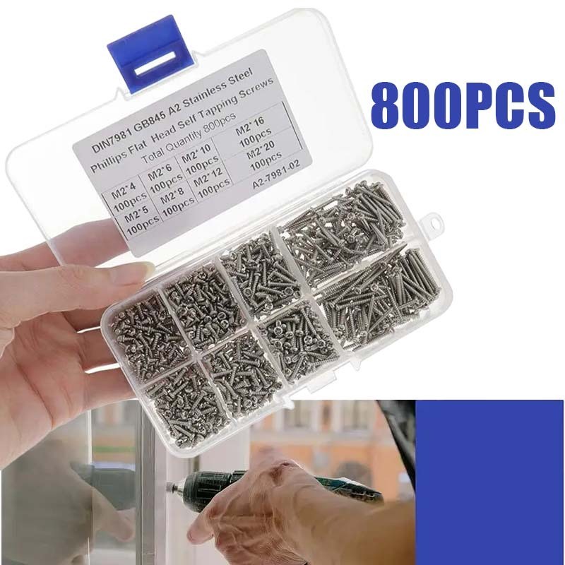 800pcs Skrup Baja Sekrup Baja Skrup Kecil Skrup Kepala Rata Sekrup Baja Ringan 304 Baja Tahan Karat 