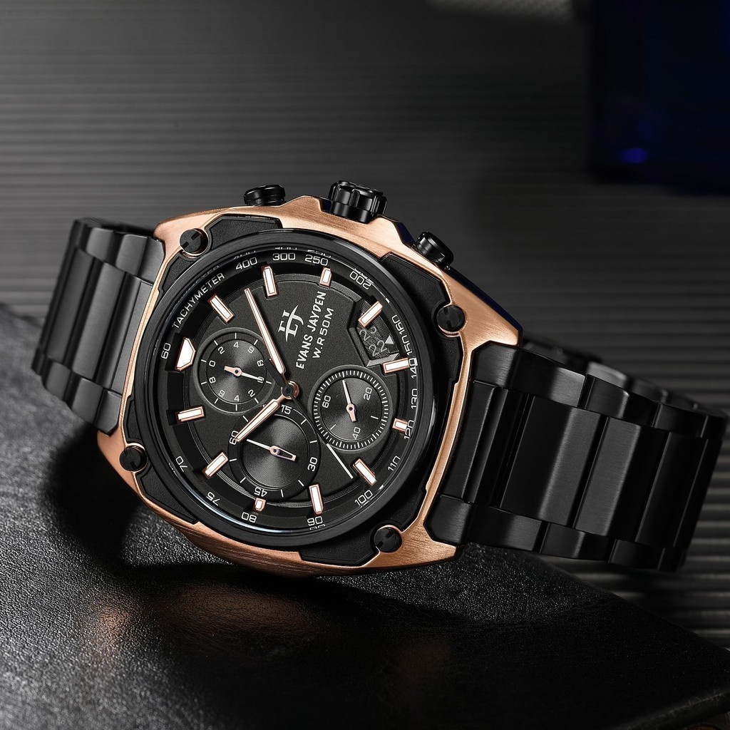 Evans Jayden Jam Tangan Pria 9604 Rantai Kaca Sapphire Chrono 5 ATM [Terlaris]