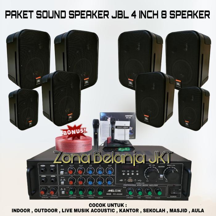 PAKET SOUND SYSTEM CAFE RESTO KANTOR SEKOLAH KLINIK AULA KARAOKE SPEAKER JBL 4 INCH 8 SPEAKER AMPLIF