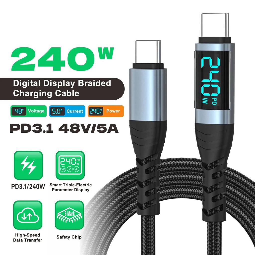 240W USB C to Type C Fast arging Cable with LED splay,5A Braided PD3.1 Data Cord for iPhone 17,Samsu