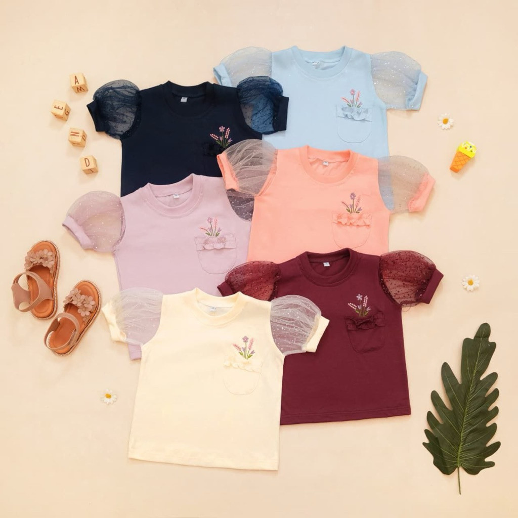 Dena Top Anak Perempuan Bahan Katun Combed Kaos Lengan Puff Tile Best Seller