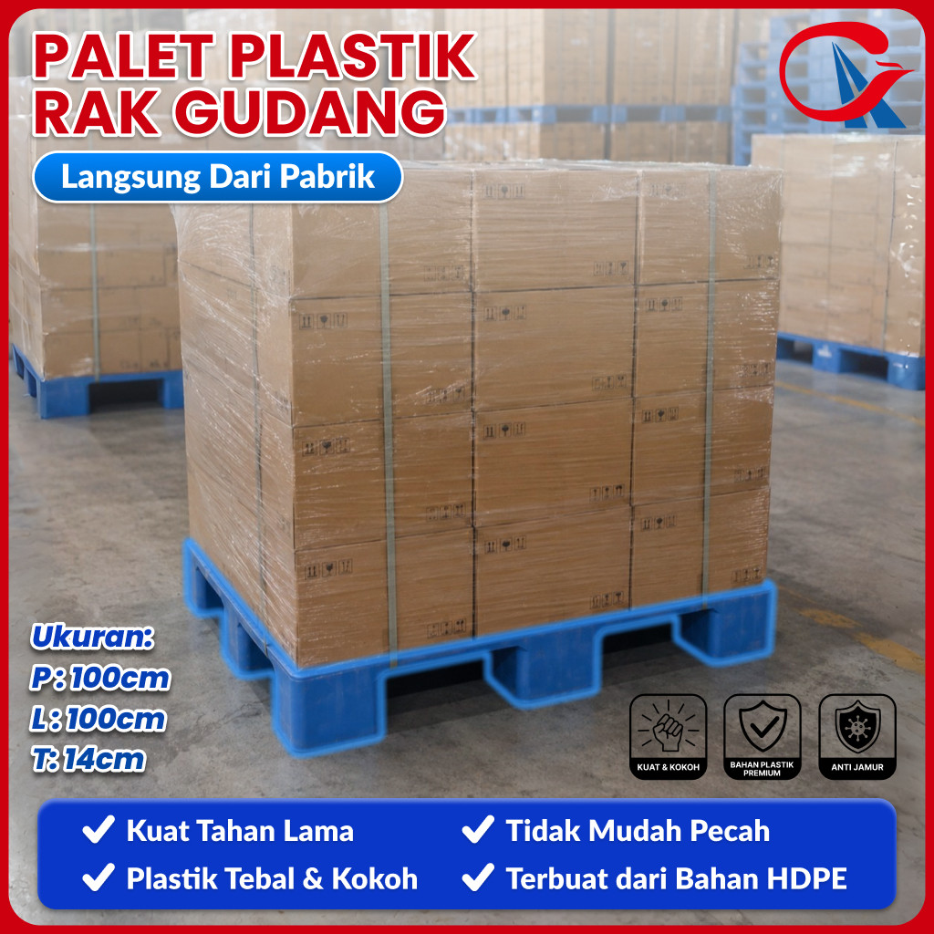 LINHUI PLASTIC Pallet Plastik 100×100×15cm – Palet Gudang Flat HDPE Kuat untuk Forklift Warehouse