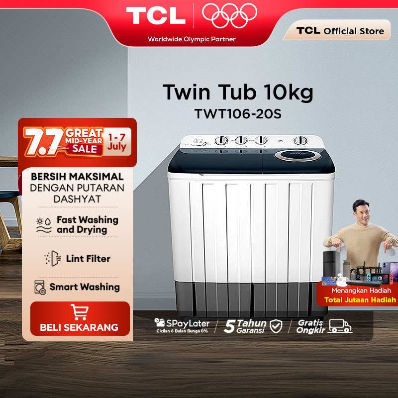 TCL Mesin Cuci 2 Tabung - Twintub 10KG - Lint Filter - Anti Karat - Anti Tikus (Model: TWT106-20S)