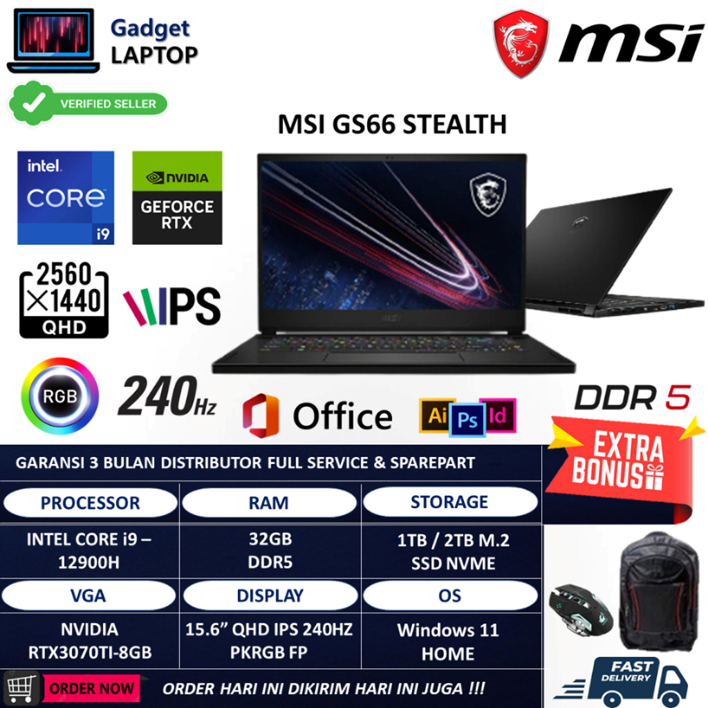 MSI GS66 Stealth Intel I9 12900H 32GB DDR5 1TB RTX3070TI-8GB 15.6 QHD IPS 240HZ RGB Windows 11 Home