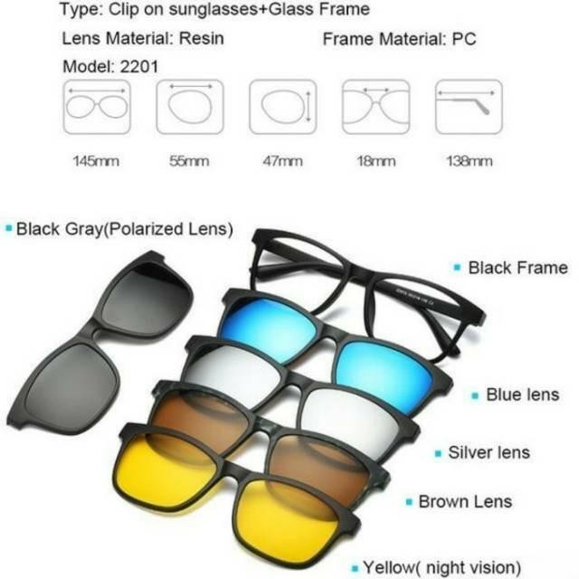 READY | Paket Frame kacamata Clip on Klip on 5 lensa Magnet Free Lensa Minus - 2201