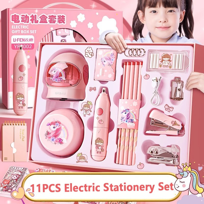 

New 11 In 1 Electric Stationery Set / Set Alat Tulis Elektrik Rautan Penghapus Vacuum PensilPremium