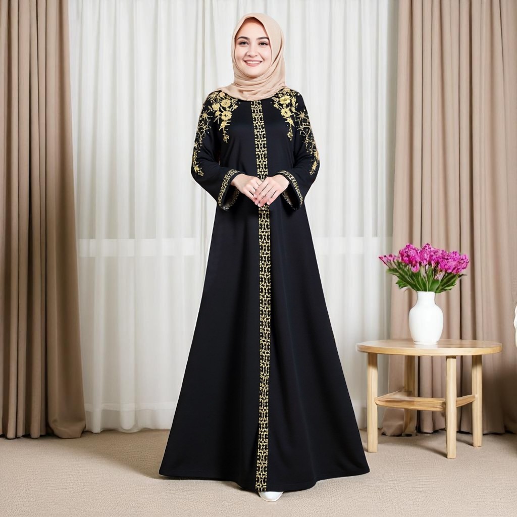 Galeri Abaya / Baju Gamis Abaya Bordir Turkey Turki Renata Gold Bordir Timbul Jetblack Hitam