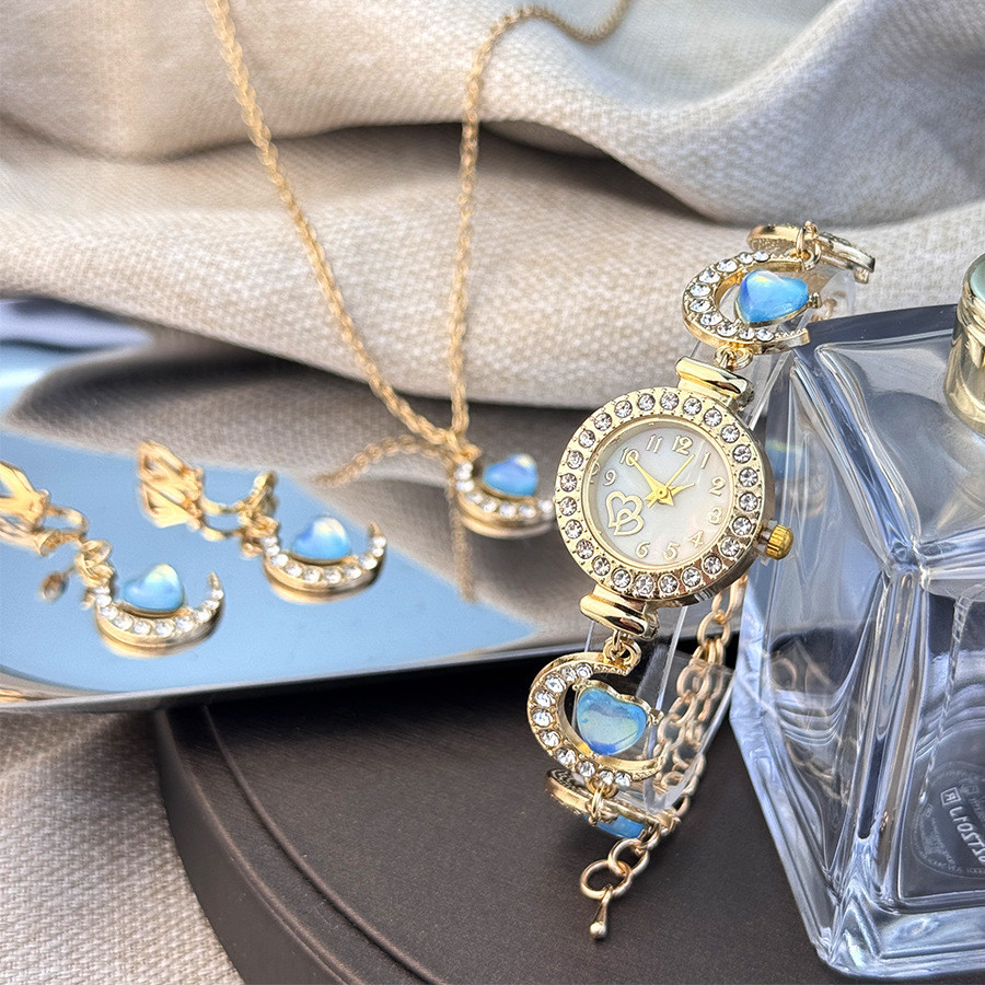 4PCS Jam Tangan Kuarsa Wanita Berlian Dial Kecil Bulan Sabit Tali Baja Jam Tangan Elegan Aksesoris G