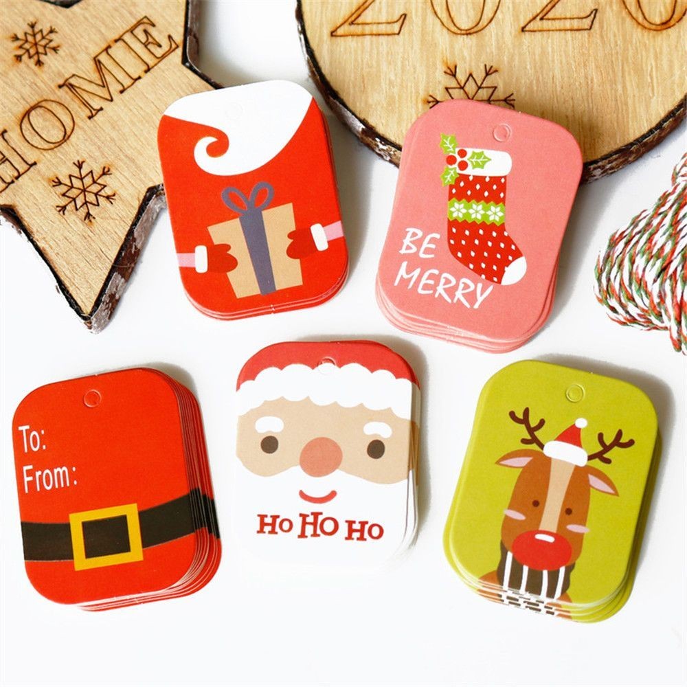 

48/50pcs Merry Paper Gift Tag Snowman Deer Santa Claus Paper Label Hang Tags Party DIY Decor Xmas Gift Wrapping Tags
