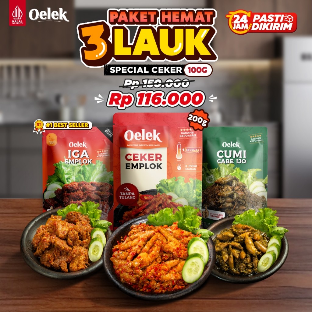 

Oelek Paket Hemat 3 Bebas Pilih Spesial Ceker Mercon Emplok Tanpa Tulang / Iga Emplok / Cakalang Balado / Cumi Cabe Ijo / Ayam Kecombrang