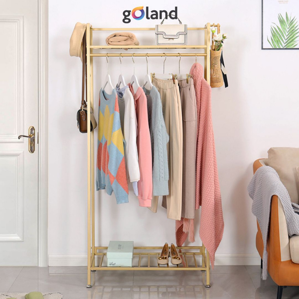 Goland Gantungan Baju Rak Sepatu Rak Baju Serbaguna Stand Hanger 2 Susun Besi Gold