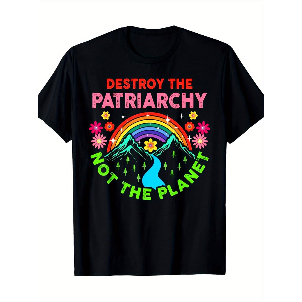 Kaos Feminisme Hancurkan Patriarki Bukan Bumi - Katun 180 gsm, Lengan Pendek Hitam, Pelangi Bunga