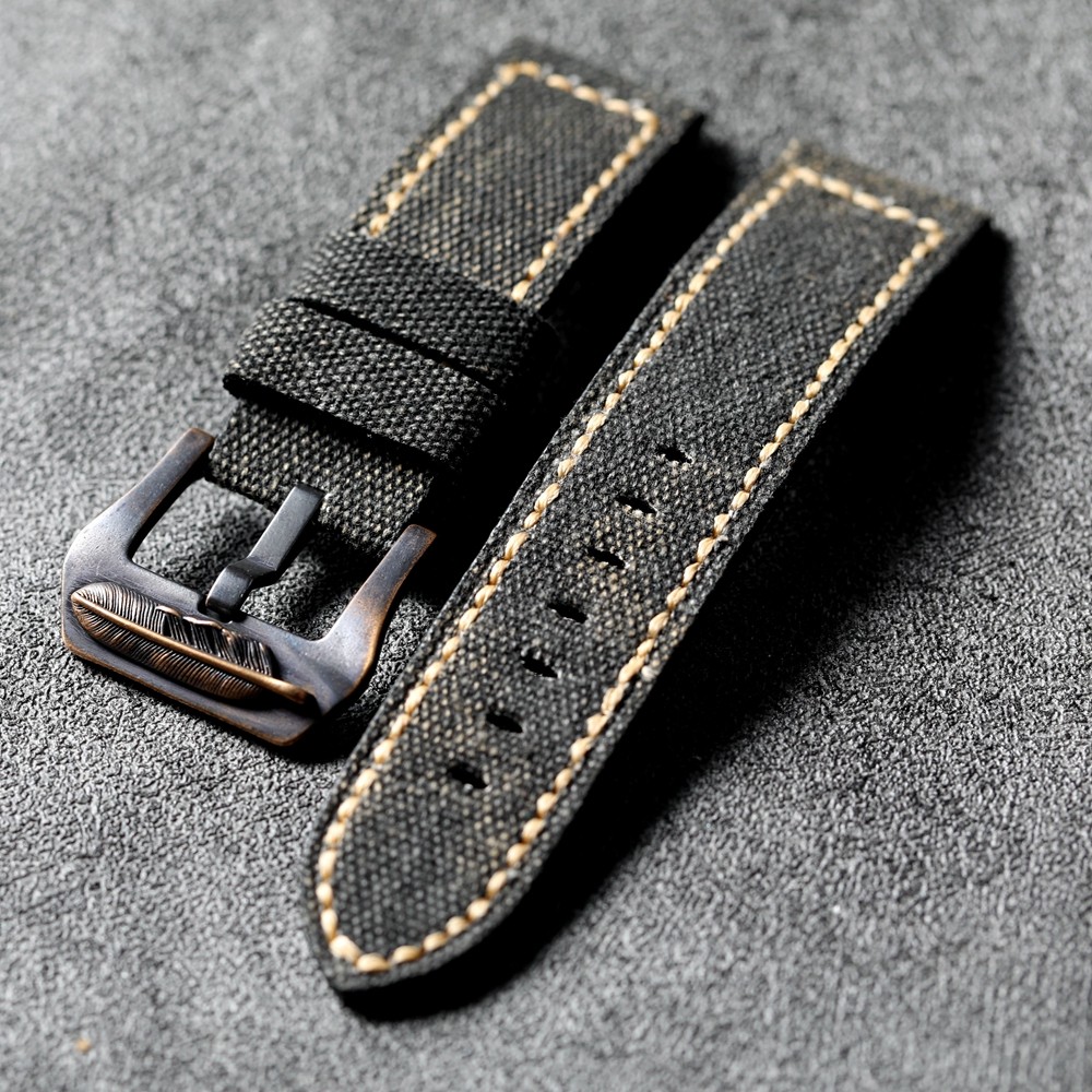 Canvas Leather Watchband 20 22 24 26MM Matching Bronze Buckle Strap Hand-made Men's Army Strap