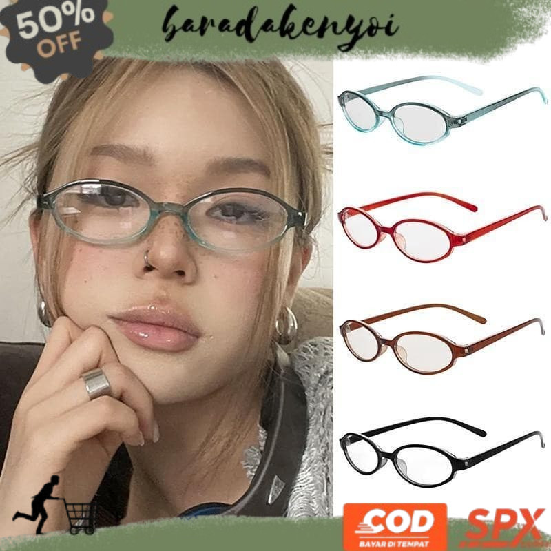 TREN TERBARU kacamata elips, bingkai kecil, frame tipis kaca transparan, hits pop punk, bingkai kaca