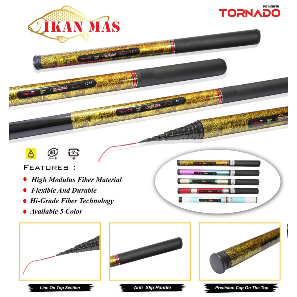 Tornado Ikan Mas 180 210 240 270 300 360 450 Joran Tegek Bahan Fiber Action Medium Lentur Tongkat Ta