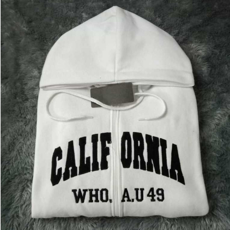 Jaket WHO AU California Zipper Putih Teks Bordir | Hoodie WHO.AU Zipper Jaket Hoodie STM Pria Wanita
