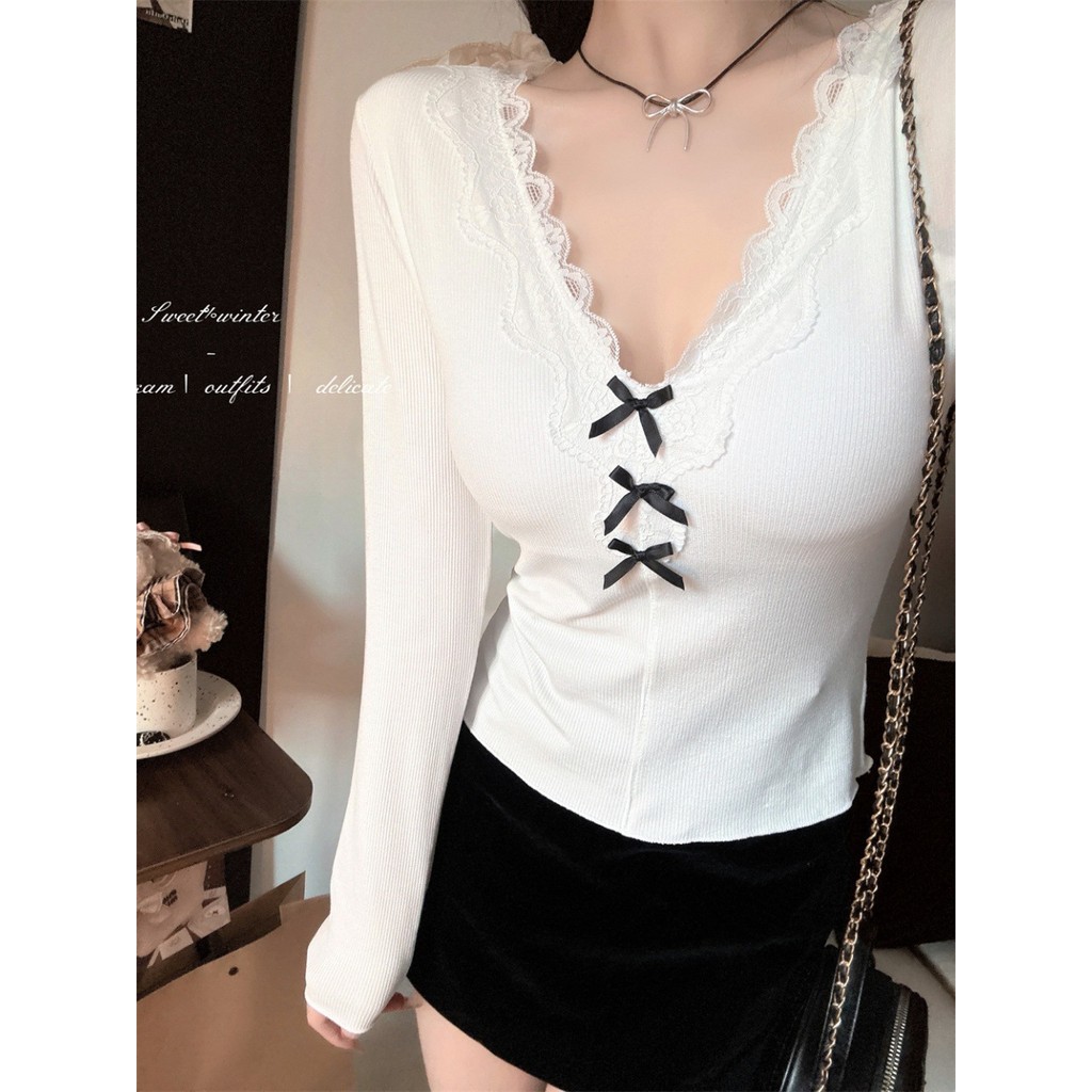 Renda Dalam V Kemeja Dasar Berkerah untuk Wanita Atasan Lengan Panjang Baru