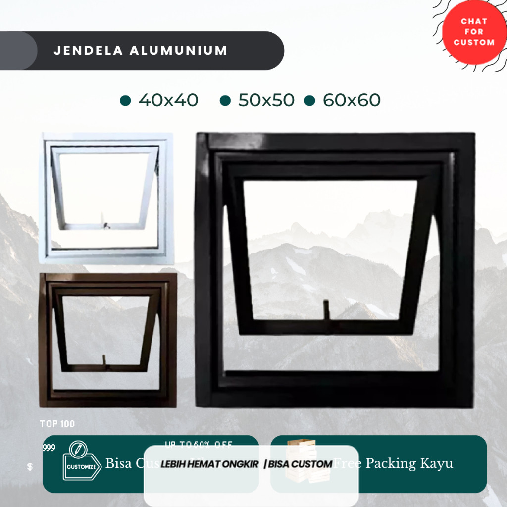 Jendela Alumunium Kotak Roster Jungkit Ventilasi Udara Kamar mandi , Dapur,Teras 40x40 , 50x50 , 60x