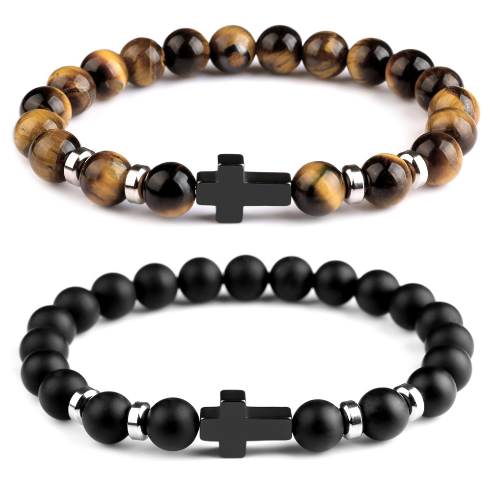 Natural Stone Cross Bracelets Hematite Stainless Steel Cross Elastic Rope Map Lava Bead Bracelet For