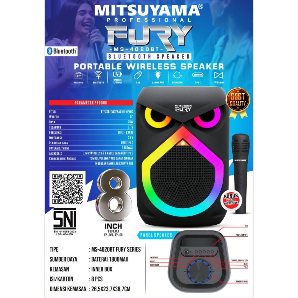 MITSUYAMA SPEAKER BLUETOOTH PORTABEL MS-4020 BT MS 4020 BT FURY ROCKER 8IN 8 IN 8 INCH FREE MIC WIRE