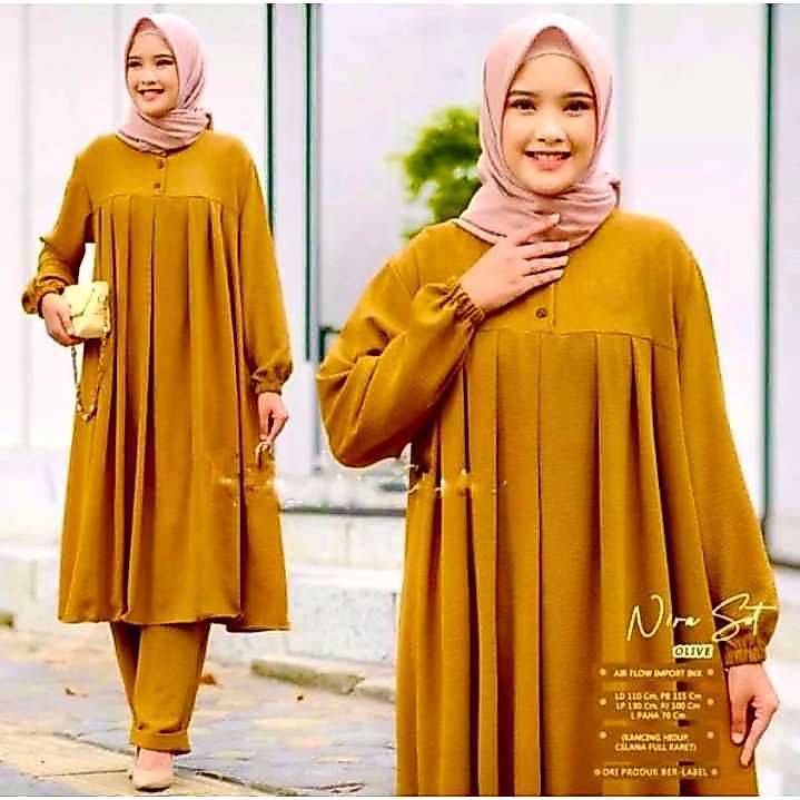 SIZE JUMBO NIRA SETCEL LONG TUNIK + CELANA bahan CATOON PREMIUM / SETELAN WANITA Terbaru modern / GA