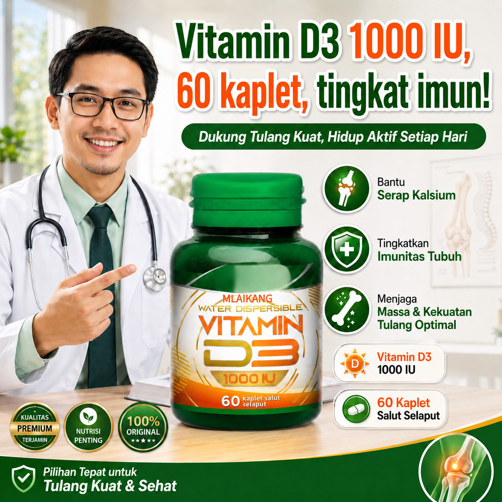 [ Kuatkan Tulang Dan Tingkatkan Imun]  VITAMIN D3 1000IU 60 Kapsul / Kesehatan Tulang Gigi Imunitas 