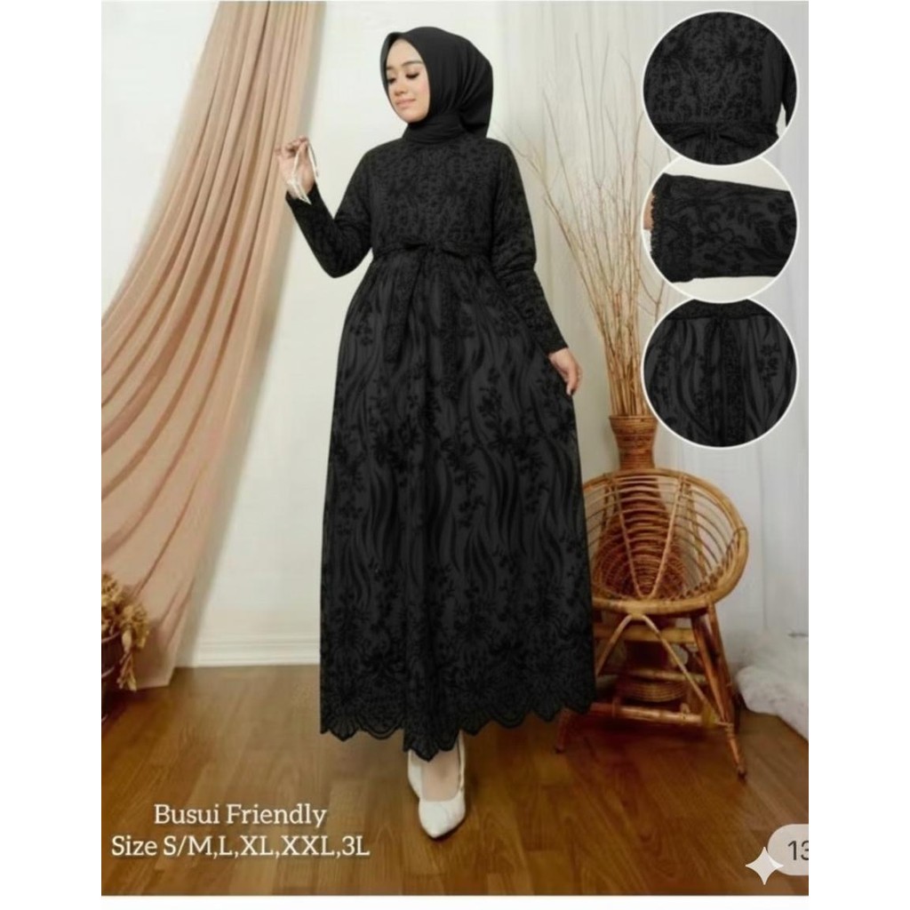 GAMIS BUSUI WARNA HITAM BROKAT PREMIUM DRESS BUSUI KEMBANG GAMIS LEBARAN KONDANGAN FORMAL FHASION_DE