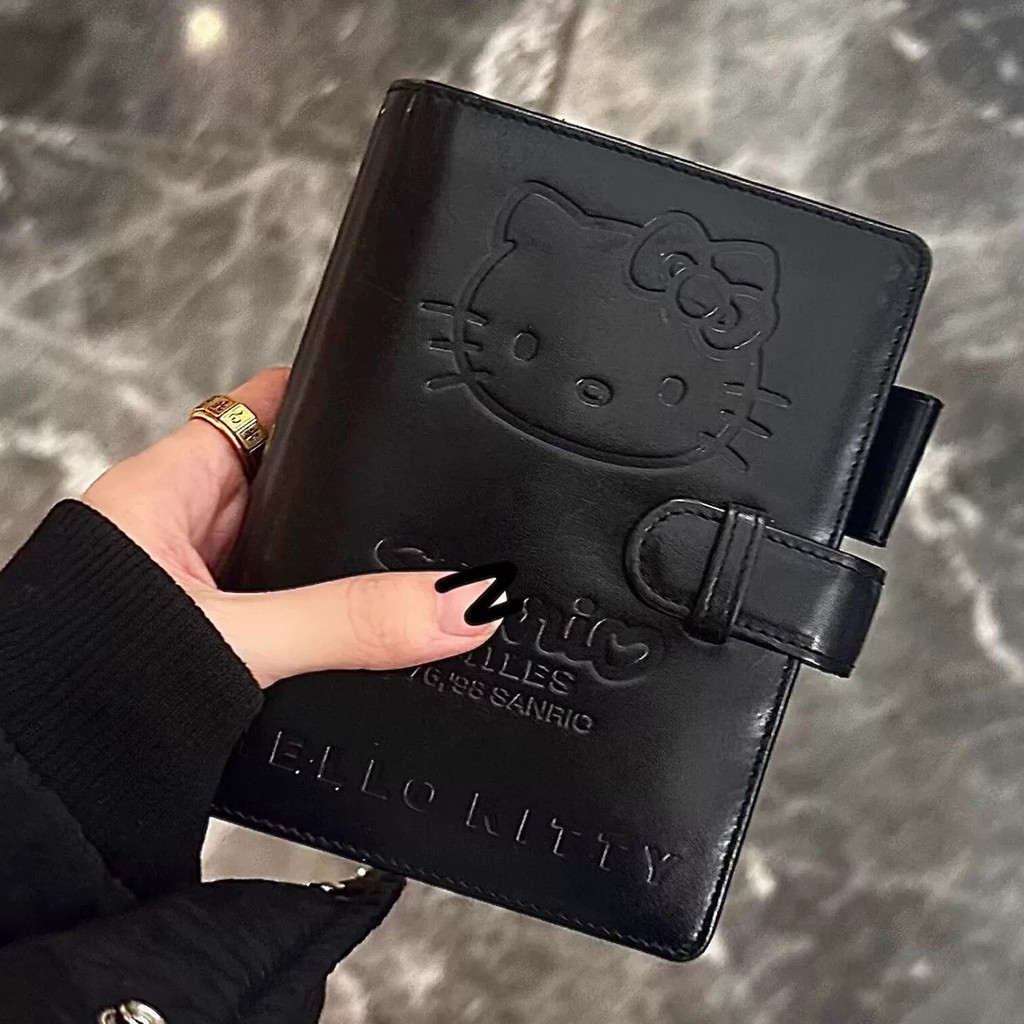 

Cute cat A7 retro small notebook black artificial leather binder notepad portable diary set card holder