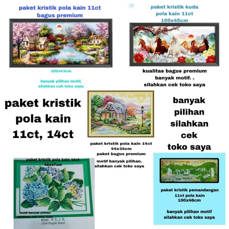 paket kristik pola kain 11ct  14ct kuda bunga pemandangan alam air terjun rumah cottageMurah