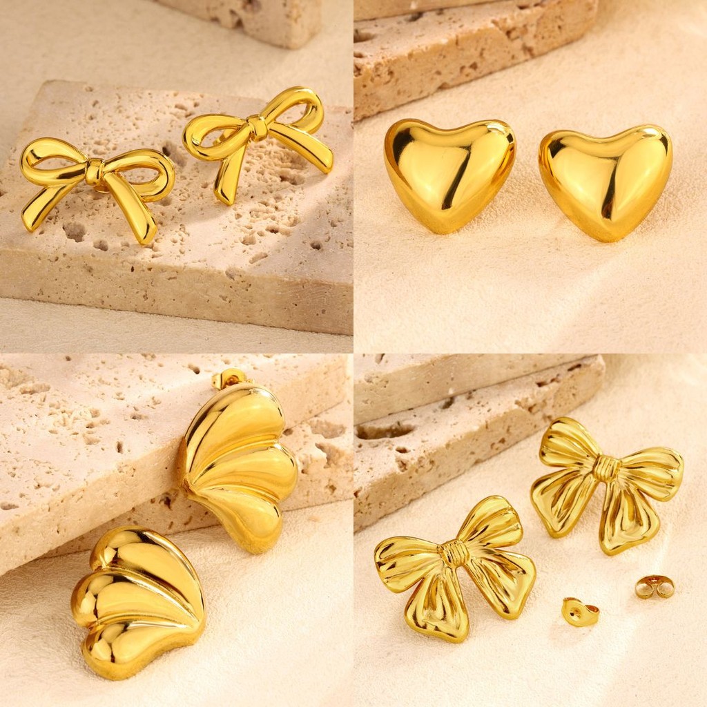 Anting Titanium Wanita Anti Karat Dan Anti Luntur Asli Anting Wanita Besar Gold Pita Bow Love Coquet