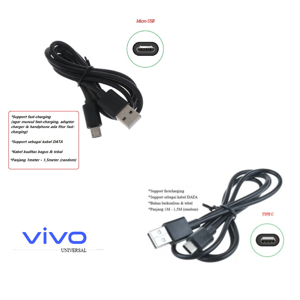 (hitam) usb C & micro kabel charger vivo iQOO U5 (V2165A/PD2165AM) - vivo iQOO U5x (V2180GA) - vivo 