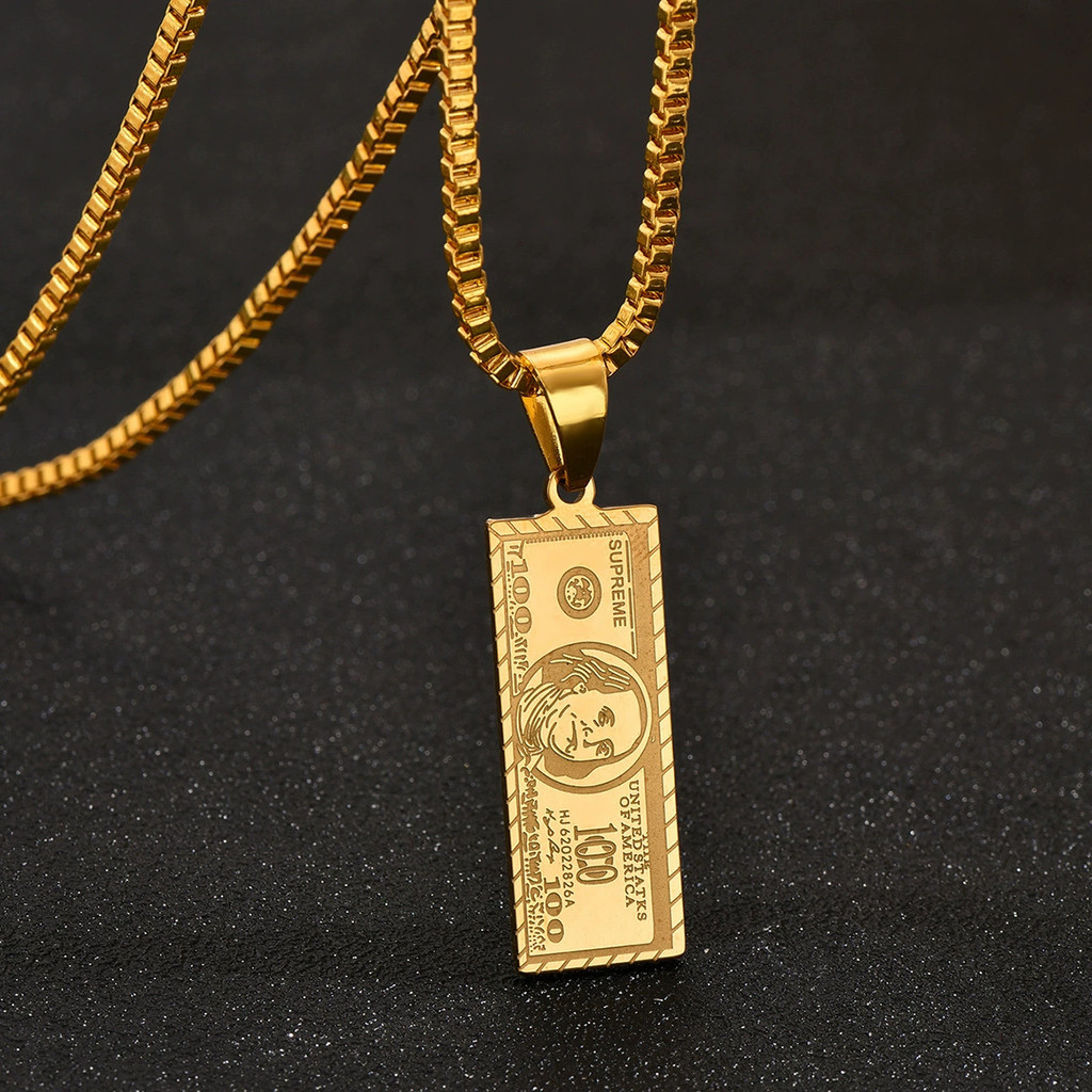 Kalung Pria Hip Hop Dolar Emas Titanium Steel Stainless Steel