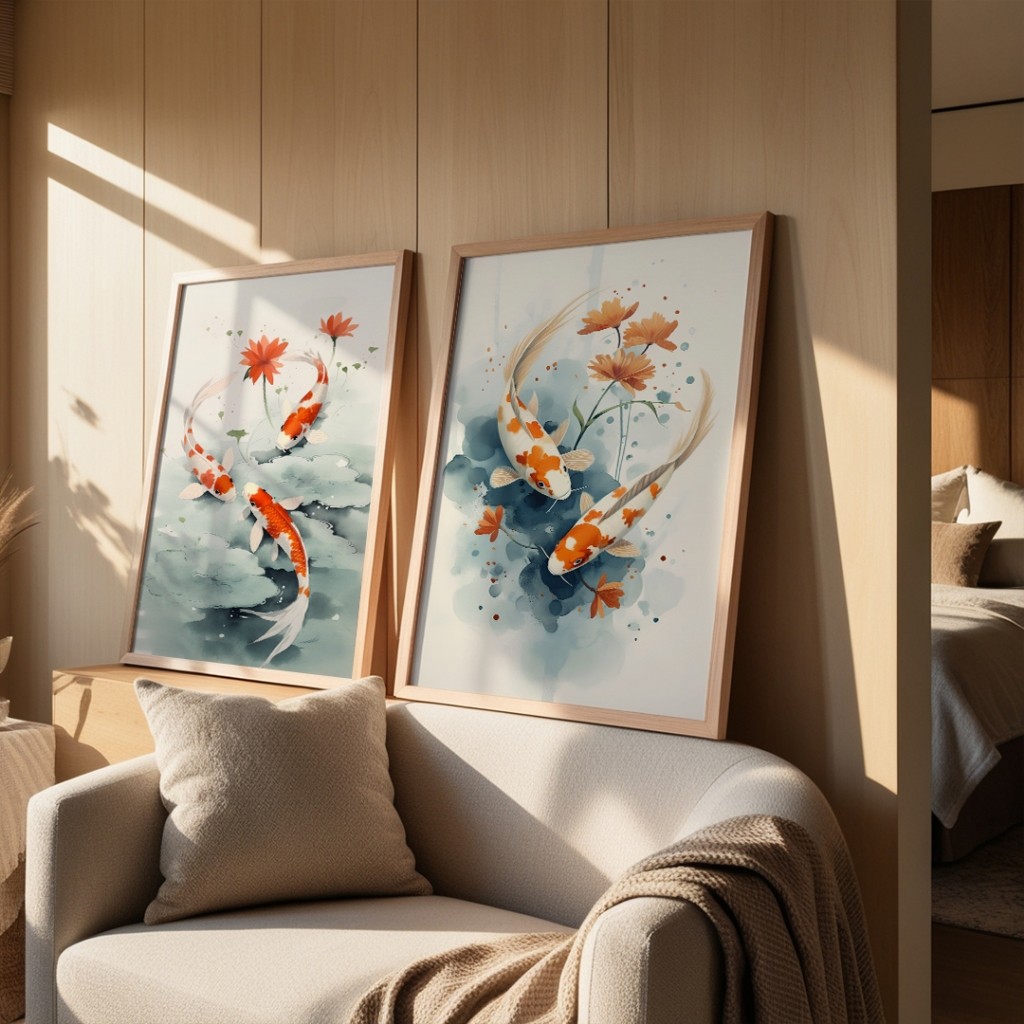 Lukisan Poster Print Ikan Koi frame kayu, dekorasi dinding kamar rumah
