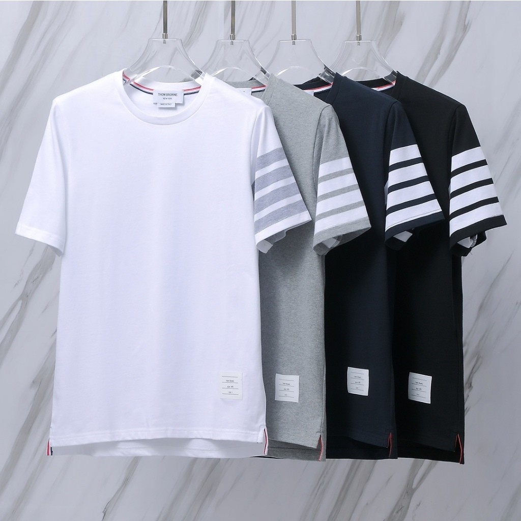 Kaos oblong leher bulat empat garis katun murni baru THOM/TB, uniseks