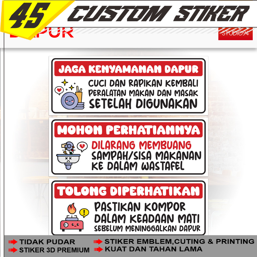Stiker Peringatan Di Dapur Kos Kostan | Sticker Aturan Dapur Umum | Vinyl Anti Air | 27x10