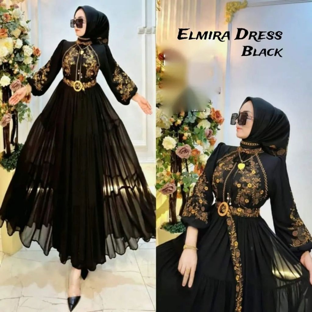 DIKASHOP ELMIRA DRESS WANITA MUSLIM TERBARU 2024 GAMIS PESTA MEWAH ELEGAN BORDIR SHR BAHAN CERUTY BA
