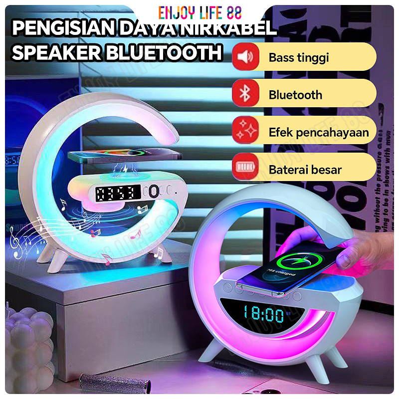 BAR STORE - Lampu Speaker Bluetooth 15W Pengisian Nirkabel Tampilan Jam LED Bass RGB Mini Music Box 