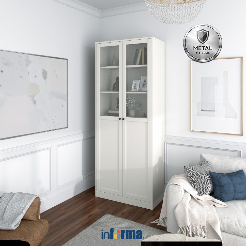 Informa Logan Rak Buku Pintu Kaca Half - Putih Bookshelf Susun Rak Bacaan Shelf Buku Lemari Buku
