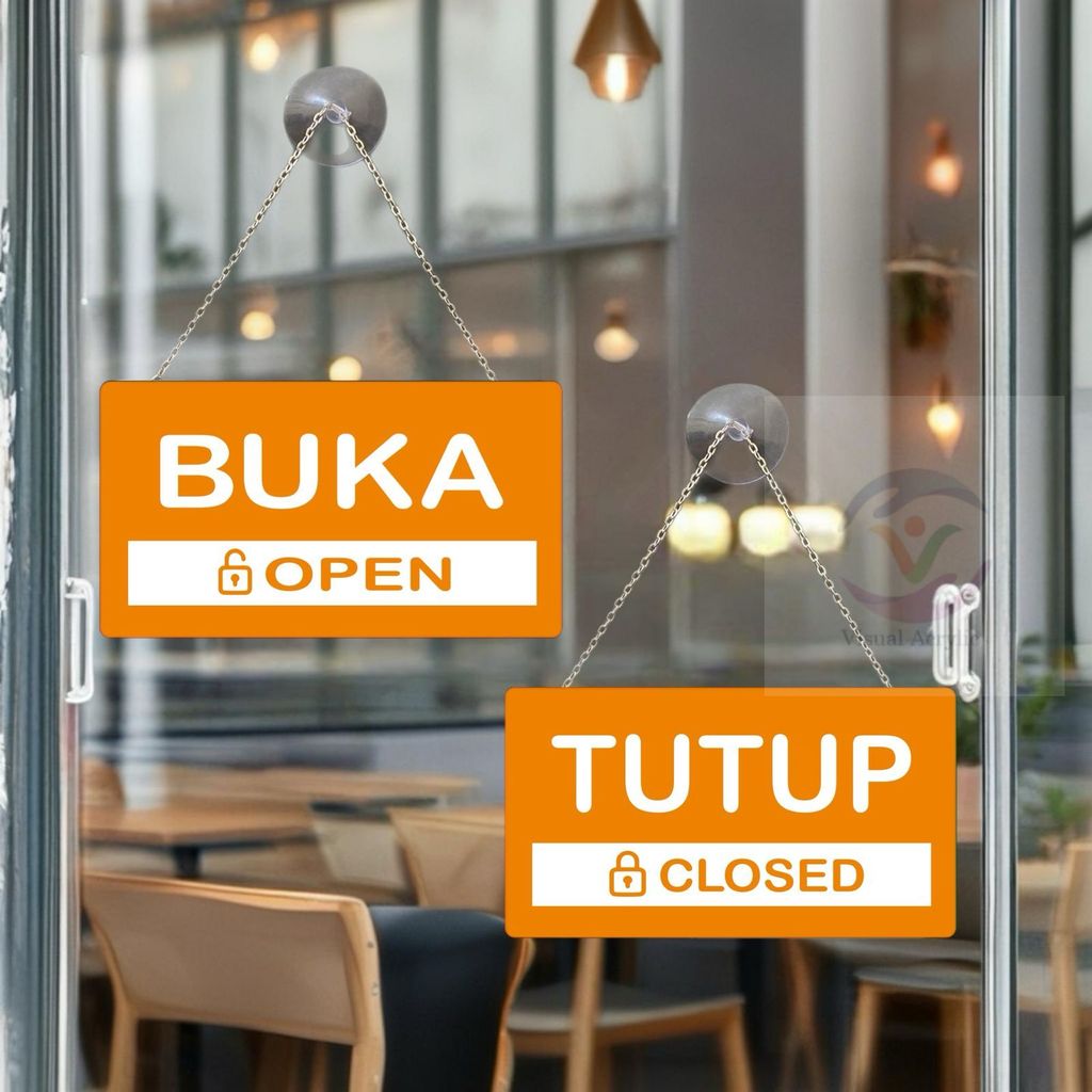 VA BUKA TUTUP//OPEN CLOSED Akrilik siap Pakai/Buka tutup(Dua sisi+Rantai&Kop Kaca) Timbal balik
