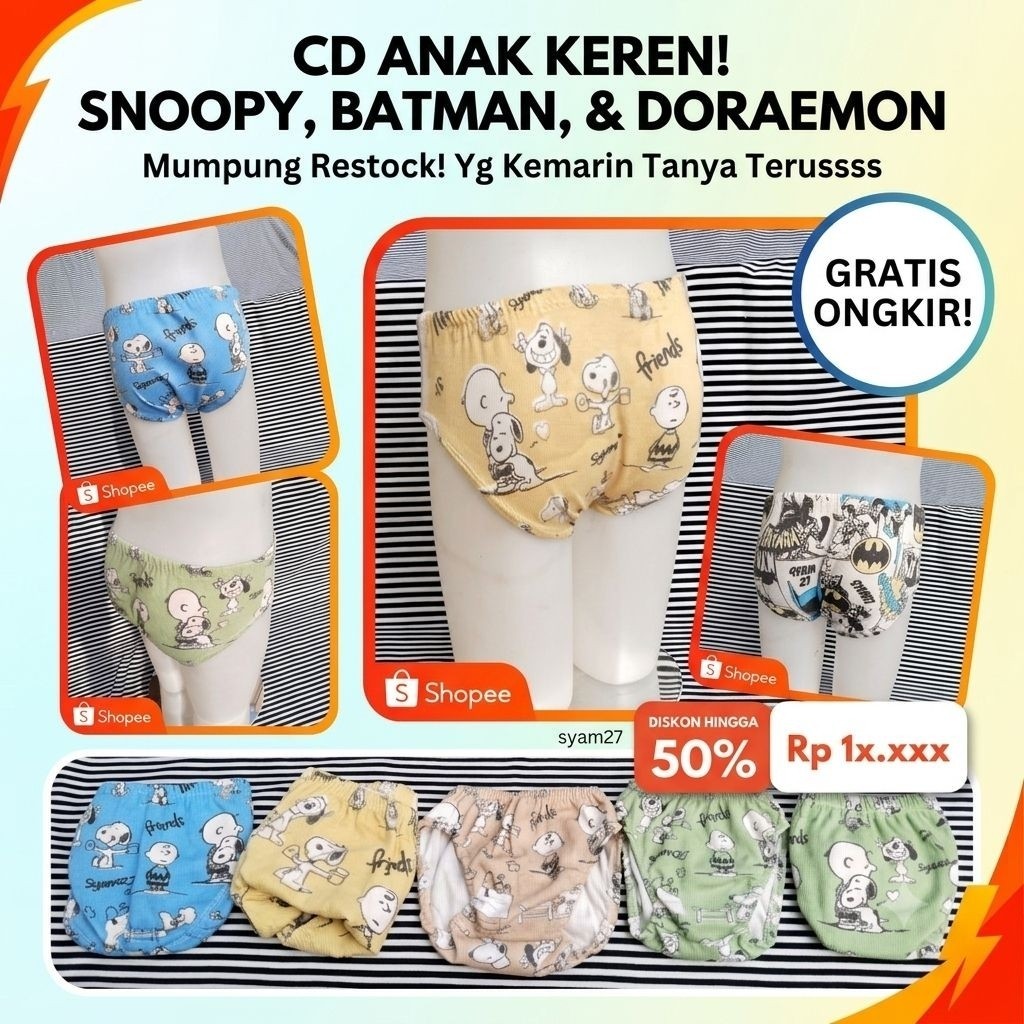 paket ​Celana Dalam Anak Karakter Lucu Lembut / CD Anak Cowok Cewek Motif Snoopy Batman Doraemon Mur