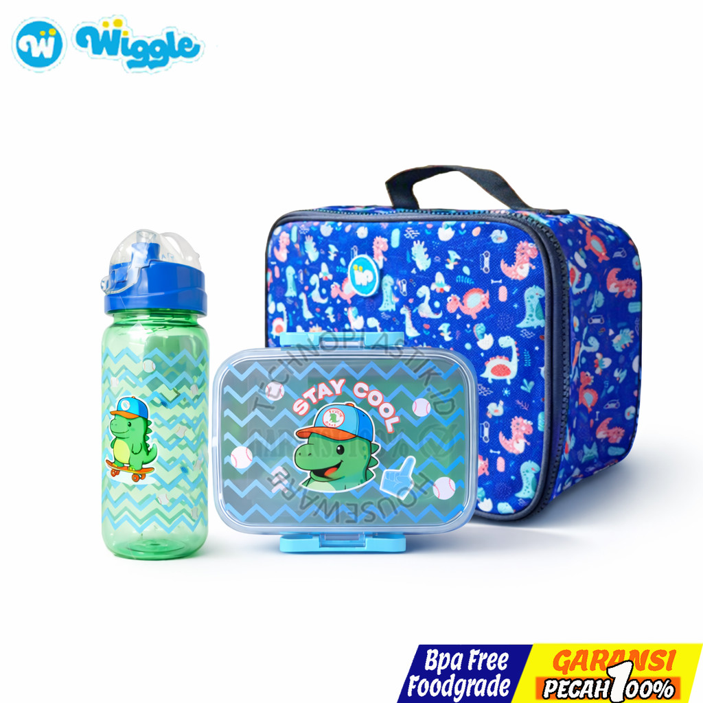WIGGLE  Lunch Box Paket Hemat Dino Hello Lunch Box Bag Bottle Kotak Bekal Lock Botol Tas Lunch Bag