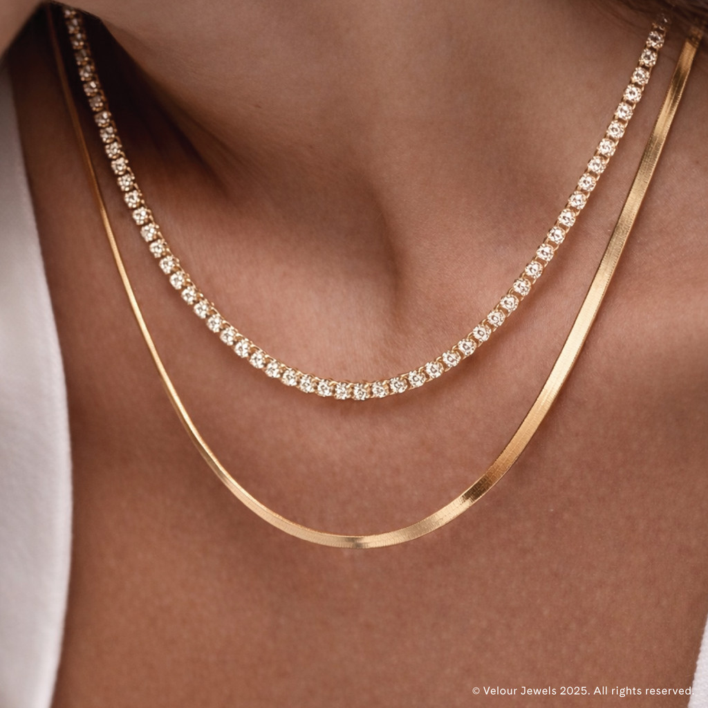 Isla Tennis Zirconia Herringbone Necklace Set — Stainless Steel Kalung Crystal Anti Karat