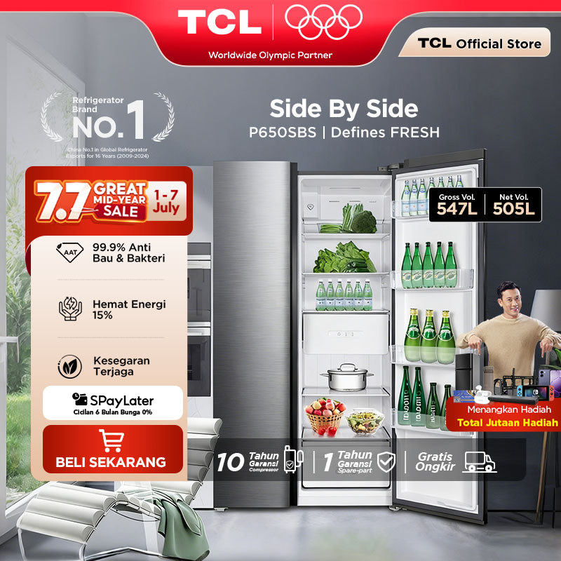 TCL Kulkas 2 Pintu Side by Side – Kapasitas 547L - Kulkas Ice Maker -  Metal Gray - Inverter - Lemar