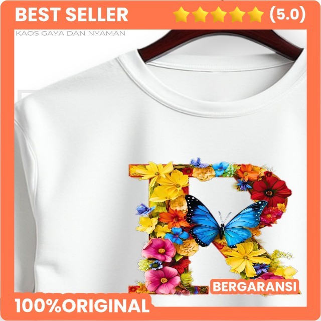 ABJAD-R - Baju Kaos Abjad Alphabet Huruf R Wanita | Baju Kaos Lengan Pendek Katun Asli Inisial Huruf