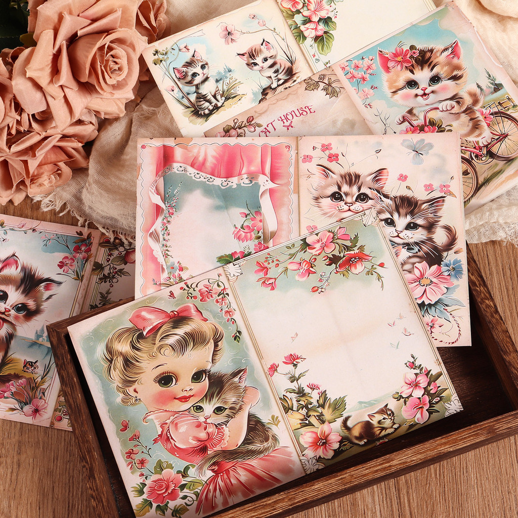 

44pieces(12 A5 Papers and 32stickers)Strawberry Cat Y Decoupage Paper Kit, for Arts Crafts, Scrapbooking Supplies, Paper Craft